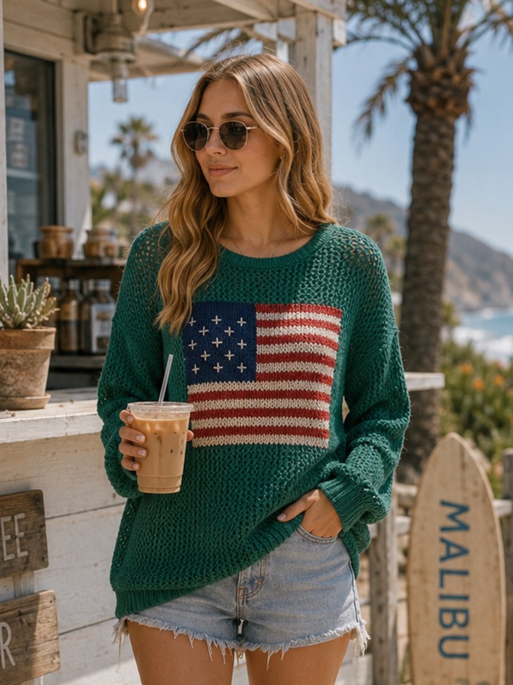 🍓“ Americana Knit “ 100% Cotton Crochet Summer Sweater | Forrest Green